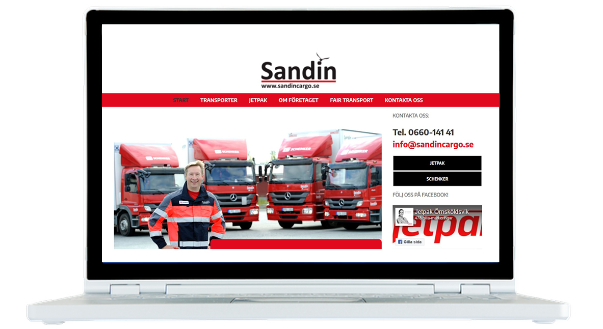 första sidan på Sandin Cargo hemsida visas